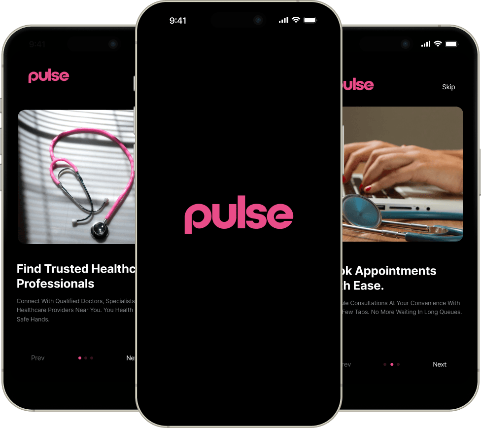Pulse healthcare app showing its pink logo, healthcare professional discovery, and appointment booking screens on three phones
